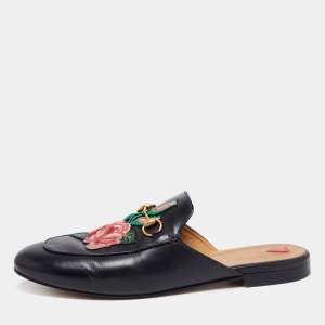 Pre Owned Gucci Black Floral Embroidered Leather Princetown Mules Size 41.5