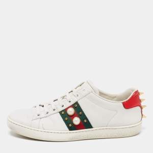 Gucci White Leather Faux Pearl and Spikes Embellished Ace Low-Top Sneakers Size 36.5