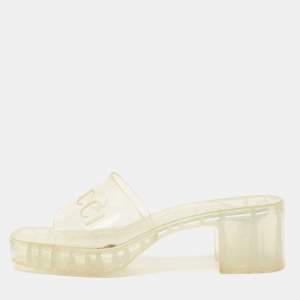 مملوكة مسبقًا Gucci Transparent Rubber Logo Embossed Block Heel Slide Sandals Size 36