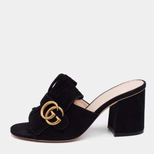 مملوكة مسبقًا Gucci Black Suede GG Marmont Fringe Mules Size 36