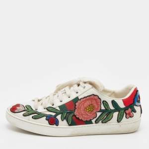Gucci White Floral Embroidered Leather Ace Low Top Sneakers Size 36
