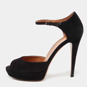 Gucci Black Suede Peep Toe Ankle Strap Platform Sandals Size 38.5
