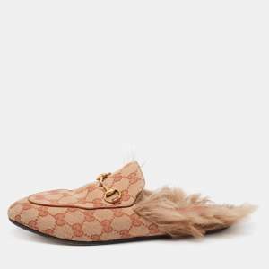 Pre Owned Gucci Beige/Brown GG Canvas and Fur Lined Princetown Flat Mules Size 38