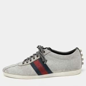 Gucci Metallic Silver Glitter  Bambi Web Detail Studded Low Top Sneakers Size 39