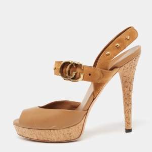 Gucci Brown Leather and Suede GG Cork Platform Peep Toe Slingback Sandals Size 37.5