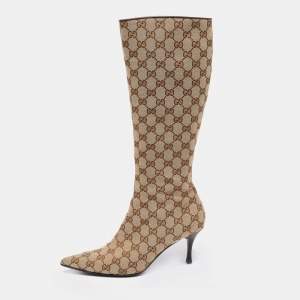 Pre Owned Gucci Beige/Brown GG Canvas Calf Length Boots Size 38