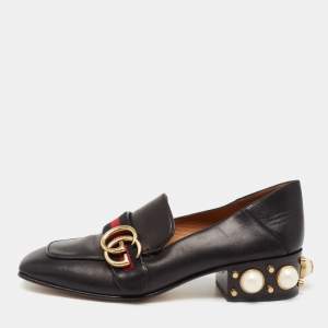 Pre Owned حذاء كعب عالي غوتشي بيتون لوفر جلد أسود جي جي مارمونت ويب مزخرف لؤلؤ صناعي مقاس 36