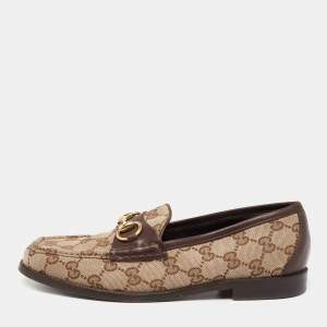 Pre Owned Gucci Brown/Beige GG Canvas And Leather Horsebit Web Slip On Loafers Size 37