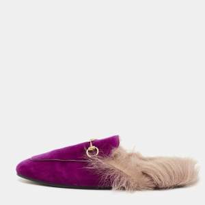 Pre Owned Gucci Purple/Brown Velvet and Fur Lined Princetown Flat Mules Size 39