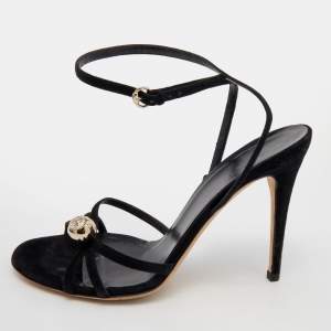 Gucci Black Suede GG Crystal Embellished Ankle Strap Sandals Size 39