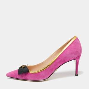 مملوكة مسبقًا Gucci Magenta/Gold Suede and Leather Moody Bee Pointed-Toe Pumps Size 35.5