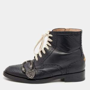 Pre Owned Gucci Black Leather Dionysus Brogue Ankle Length Boots Size 39