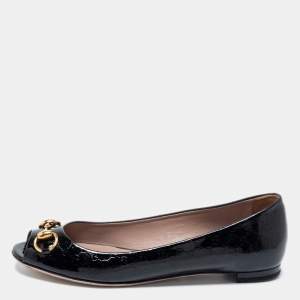 Pre Owned Gucci Black Patent Leather Horsebit Open Toe Ballet Flats Size 38