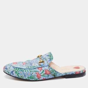 Pre Owned Gucci Blue Floral Print Satin Horsebit Princetown Flat Mules Size 39