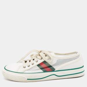 Gucci White Net And Fabric Tennis Web Lace Up Sneakers Size 38