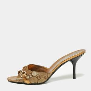 Gucci Gold Guccissima Canvas and Leather Horsebit Slide Sandals Size 37.5