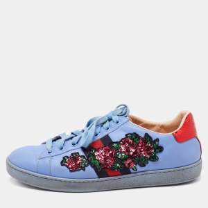 Gucci Blue Leather And Snakeskin  Web Floral Embellished Ace Sneakers Size 38