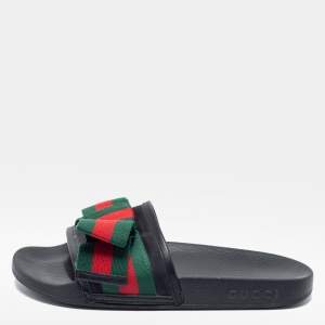 مملوكة مسبقًا Gucci Black Leather And Fabric  Web Bow Slide Sandals Size 37