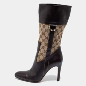 Pre Owned Gucci Brown Leather And GG Canvas Midcalf Boots Size 38.5