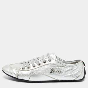Gucci Silver Leather Logo Low-Top Sneakers Size 40