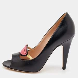 Gucci Black Leather Molina Lips Peep Toe Pumps Size 37.5