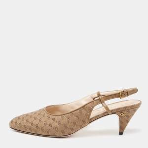 Pre Owned Gucci Beige Canvas GG Slingback Pumps Size 40.5