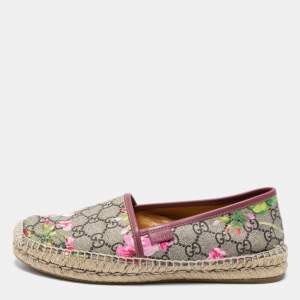 مملوكة مسبقًا Gucci Beige/Pink GG Supreme Canvas And Leather Blooms Espadrille Flats Size 38