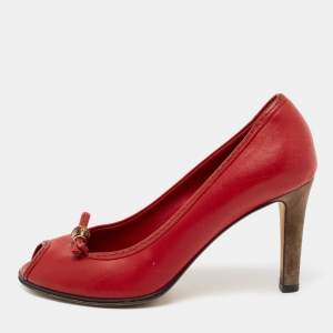 Pre Owned حذاء كعب عالي غوتشي جلد أحمر مقدمة مفتوحة فيونكة بامبو مقاس 37