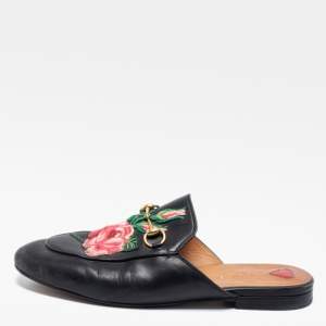 Pre Owned Gucci Black Floral Embroidered Leather Princetown Horsebit Flat Mules Size 39