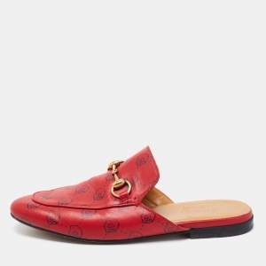مملوكة مسبقًا Gucci Red GG Ghost Print Leather Princetown Horsebit Flat Mules Size 38
