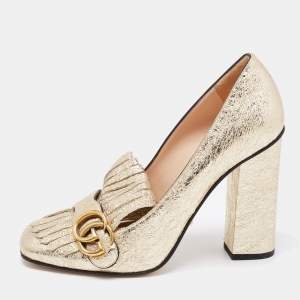 مملوكة مسبقًا حذاء كعب عالي غوتشي جي جي مامرمونت جلد مجعد ذهبي بشراشيب كعب مربع سميك مقاس 40