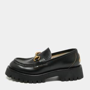 Pre Owned Gucci Black  Leather Harald Horsebit Platform Loafers Size 38