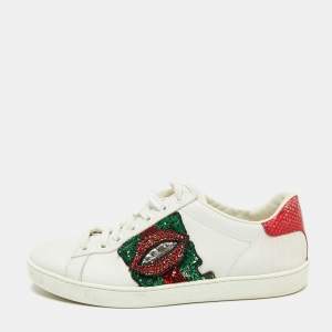 Gucci White Leather And Python Embossed Leather Ace Lace Up Sneakers Size 37