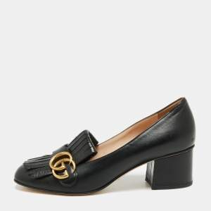 Pre Owned Gucci Black Leather GG Marmont Fringe Block Heel Pumps Size 37.5