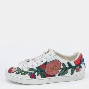 Gucci White Leather Floral Embroidered Ace Low Top Sneakers Size 37.5
