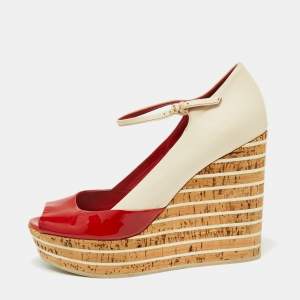 Gucci Red/Cream Patent Leather Colorblock Platform Wedge Mary Jane Peep Toe Pumps Size 38