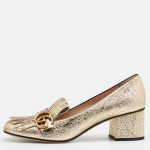 Pre Owned Gucci Metallic Gold Crinkled Leather GG Marmont Fringe Detail Block Heel Pumps Size 40