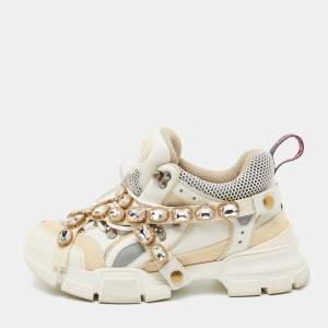 Pre Owned Gucci White/Beige Leather And Mesh Leather Flashtrek Sneakers Size 40