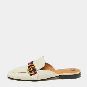 Pre Owned Gucci Off White GG Twins Web Leather Slide Mules Size 39.5