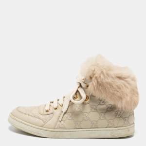Gucci Off White Guccissima Leather And Cada Fur Trim High Top Sneakers Size 37