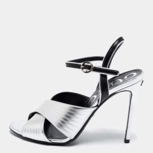 Gucci Metallic Silver Leather Criss Cross Ankle Strap Sandals Size 39