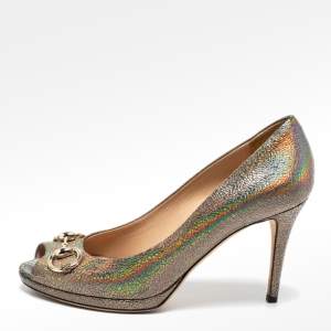 Gucci Metallic Holographic Crackle Leather New Hollywood Horsebit Peep Toe Pumps Size 39.5