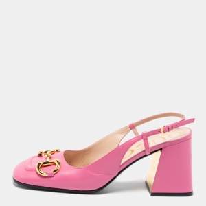 مملوكة مسبقًا Gucci Pink Leather Horsebit Slingback Block Heel Sandals Size 38.5