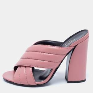 Pre Owned حذاء مول غوتشي جلد وردي سيور متقاطعة كعب مربع سميك مقاس 37.5