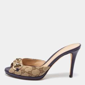 Pre Owned Gucci Brown/Purple GG Canvas and Leather New Hollywood Horsebit Slides Size 37.5