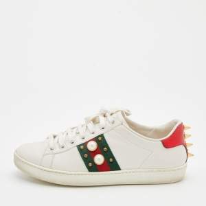 Gucci White Leather New Ace Web Faux Pearl Embellished Low Top Sneakers Size 35