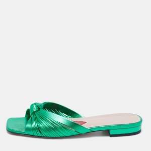 Gucci Metallic Green Leather Knotted Slide Flat Sandals Size 37.5