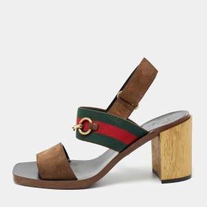 Gucci Brown Suede Web Horsebit Slingback Block Heel Sandals Size 38.5