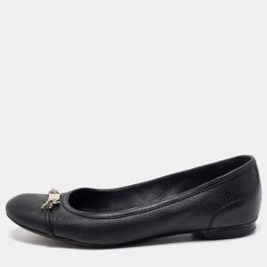 Pre Owned Gucci Black Leather Chain Link Accents Ballet Flats Size 38
