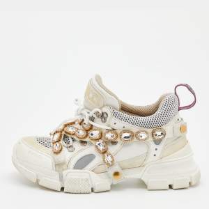 Gucci White Leather And Mesh Flashtrek Removable Crystals Low Top Sneakers Size 39